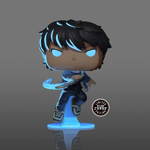 Chibi-style figurine with glowing blue hair and eyes on a gray background