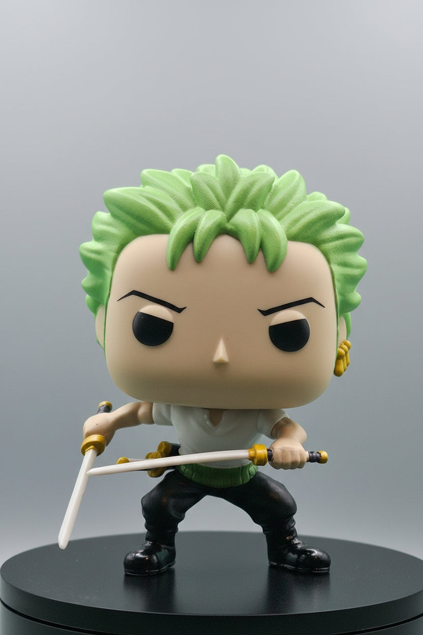 Toy figure of a character with green hair and a sword against a green background
